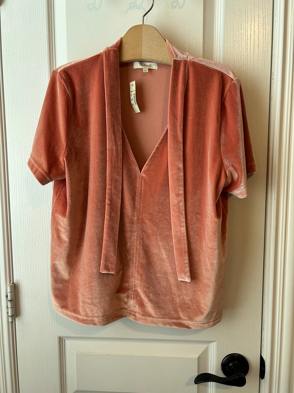 Madewell Velvet Orange Short Sleeve Top with Tie Neck NWT